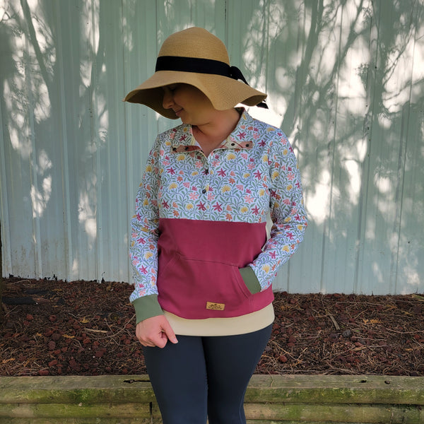 Women's Burgundy Floral Half-Snap Sweater