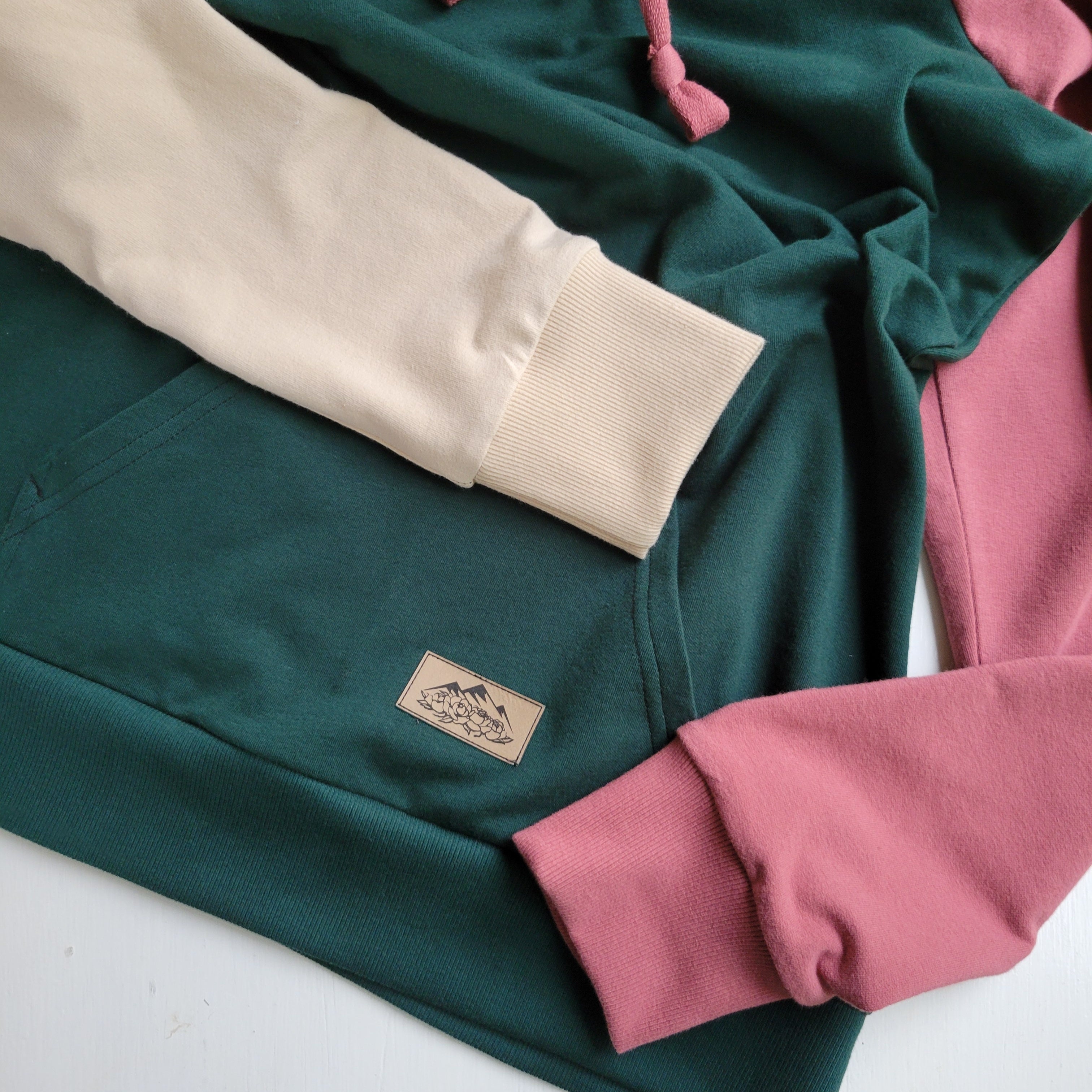 Organic American Milled Cotton  - Women's Colorblock Hoodie - Forest Green, Apple Pink, Cream