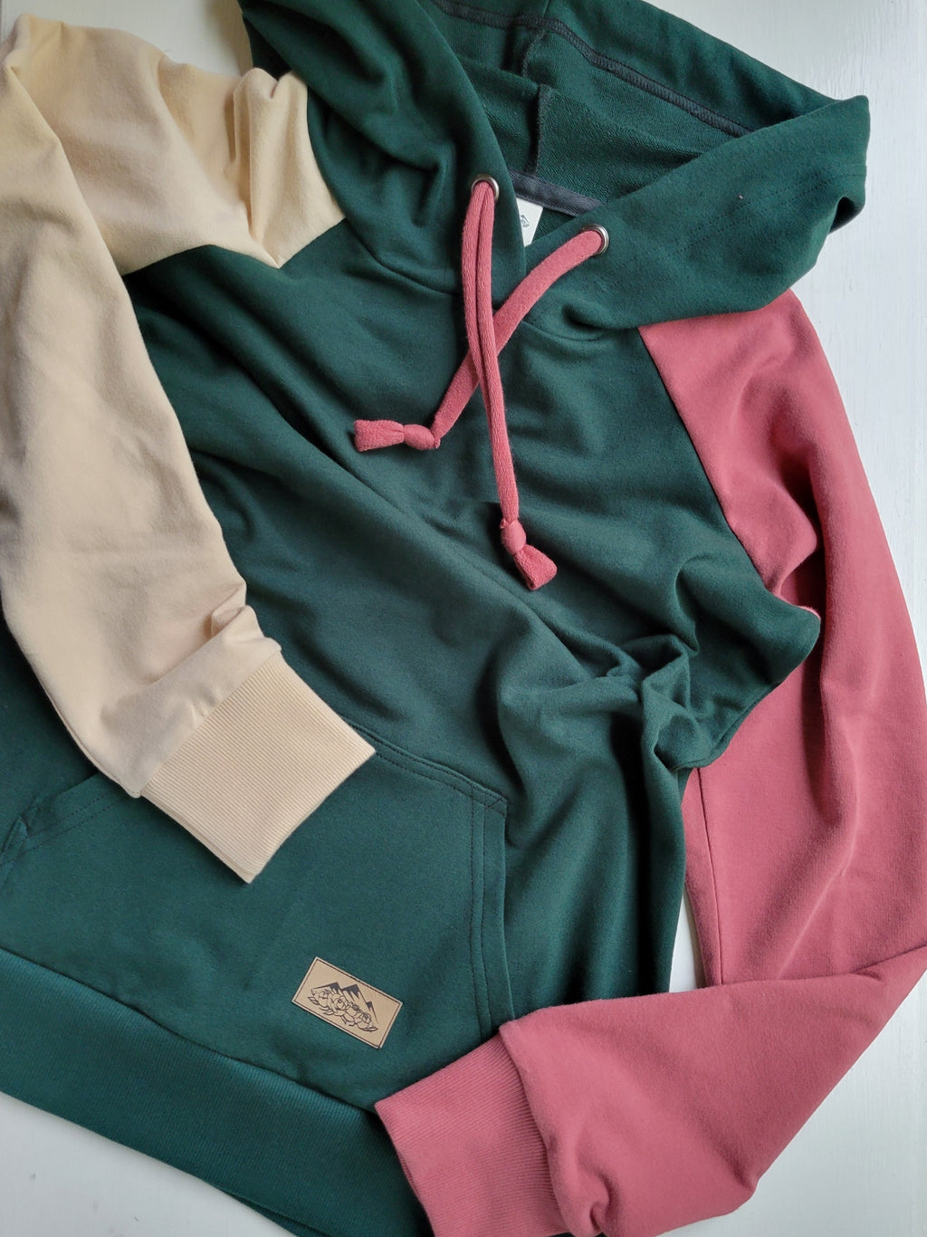 Organic American Milled Cotton  - Women's Colorblock Hoodie - Forest Green, Apple Pink, Cream