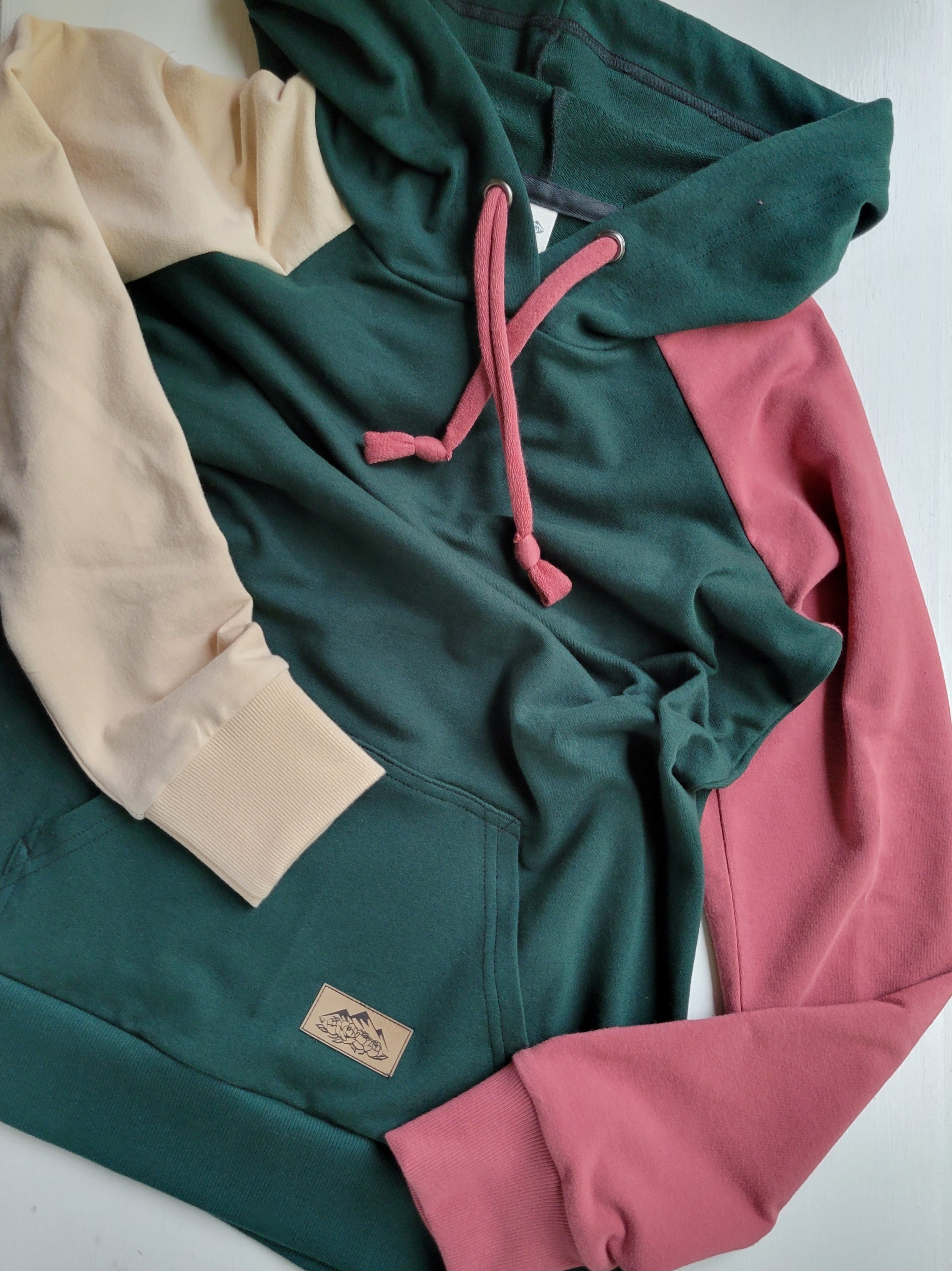 Organic American Milled Cotton  - Women's Colorblock Hoodie - Forest Green, Apple Pink, Cream