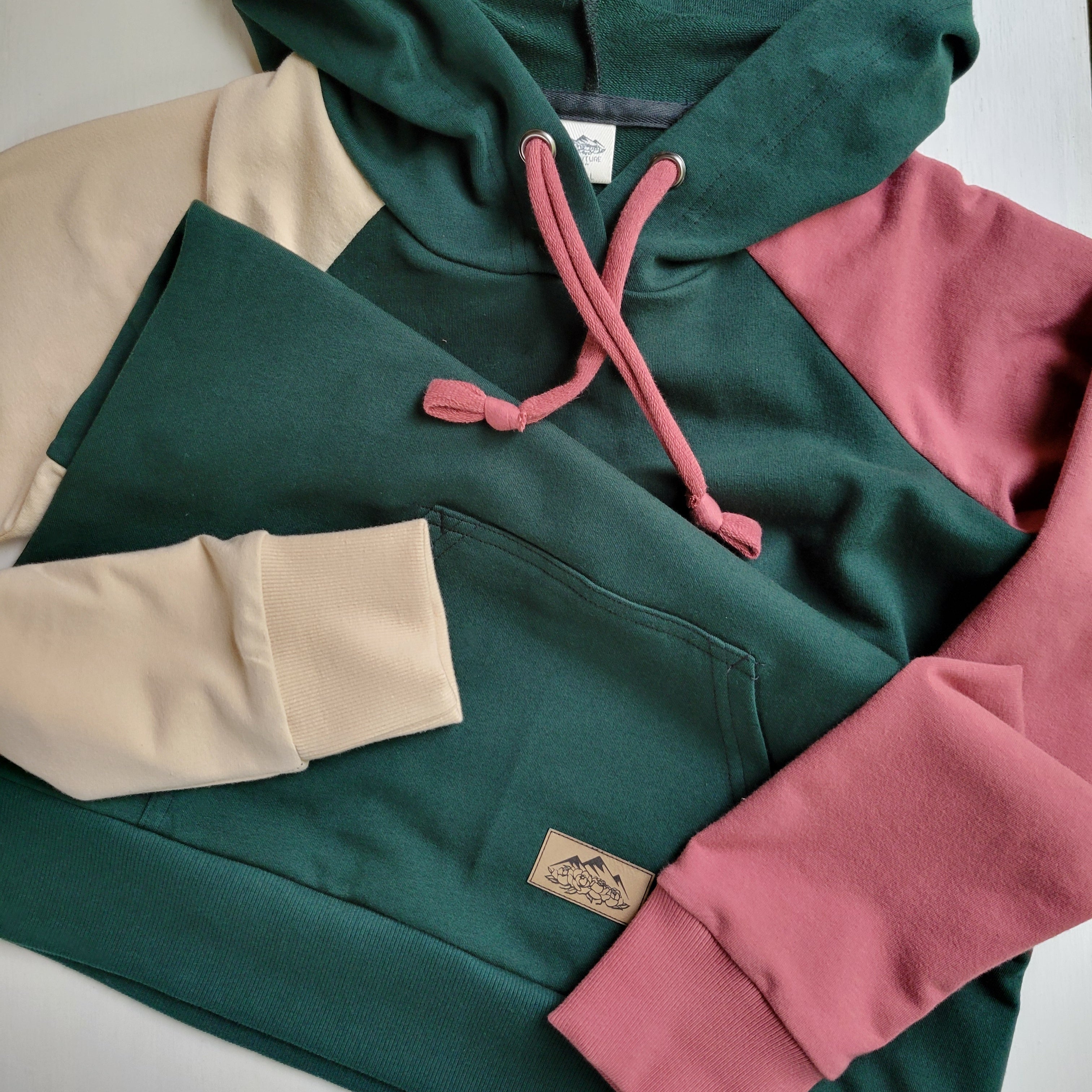 Organic American Milled Cotton  - Women's Colorblock Hoodie - Forest Green, Apple Pink, Cream