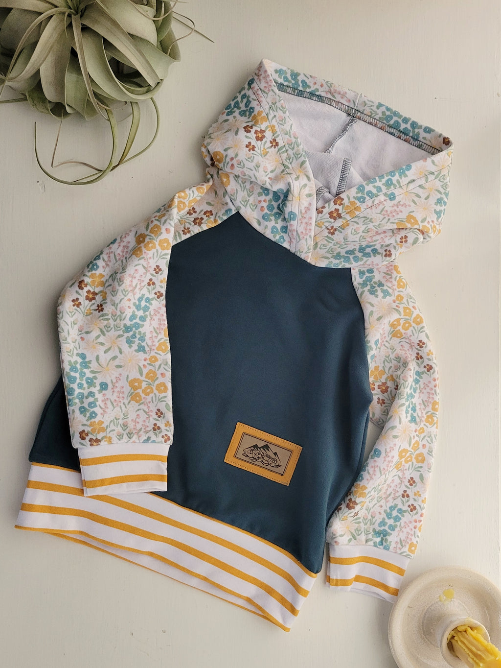 Kids Blue Gold Floral Hoodie - American Made Cotton Fabric