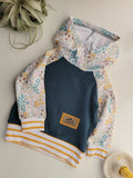 Kids Blue Gold Floral Hoodie - American Made Cotton Fabric