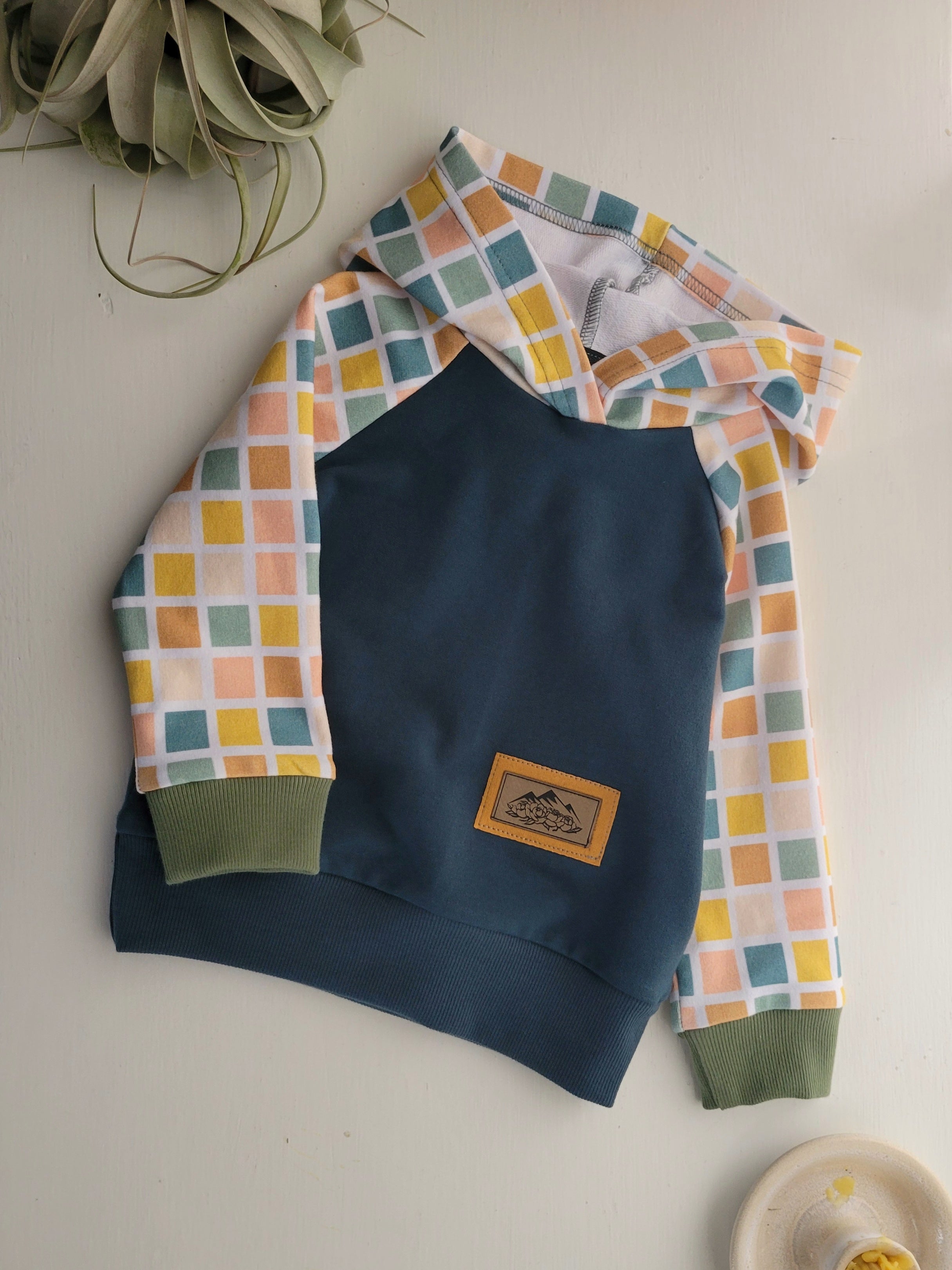 Kids Blue Gold Check Hoodie - American Made Cotton Fabric