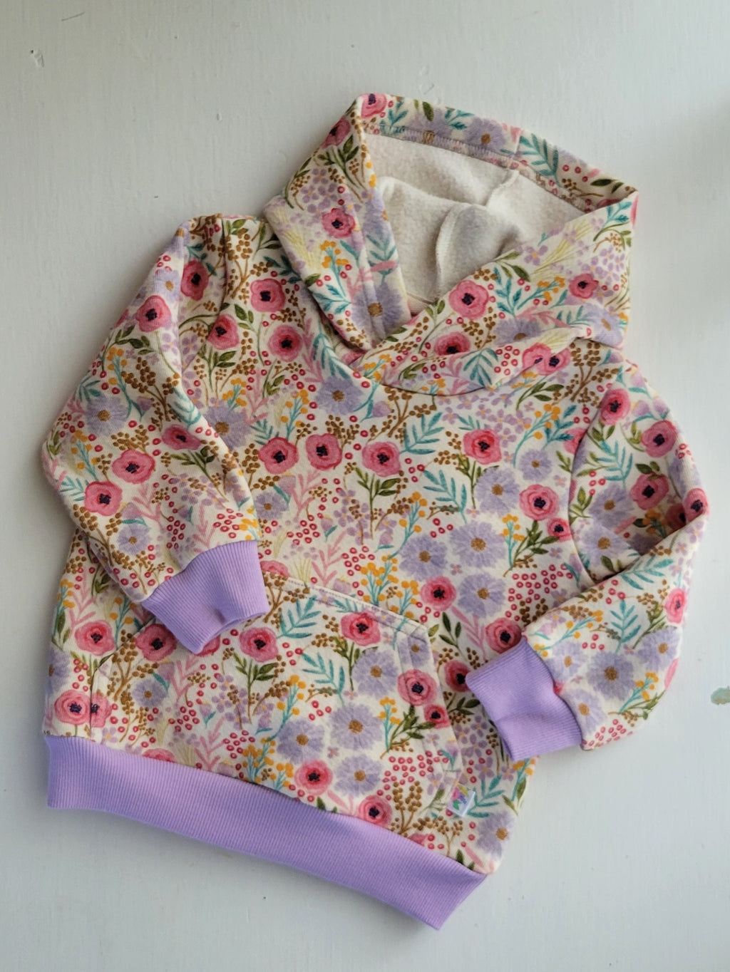 Kids Bright Purple Floral Cotton Fleece Hoodie