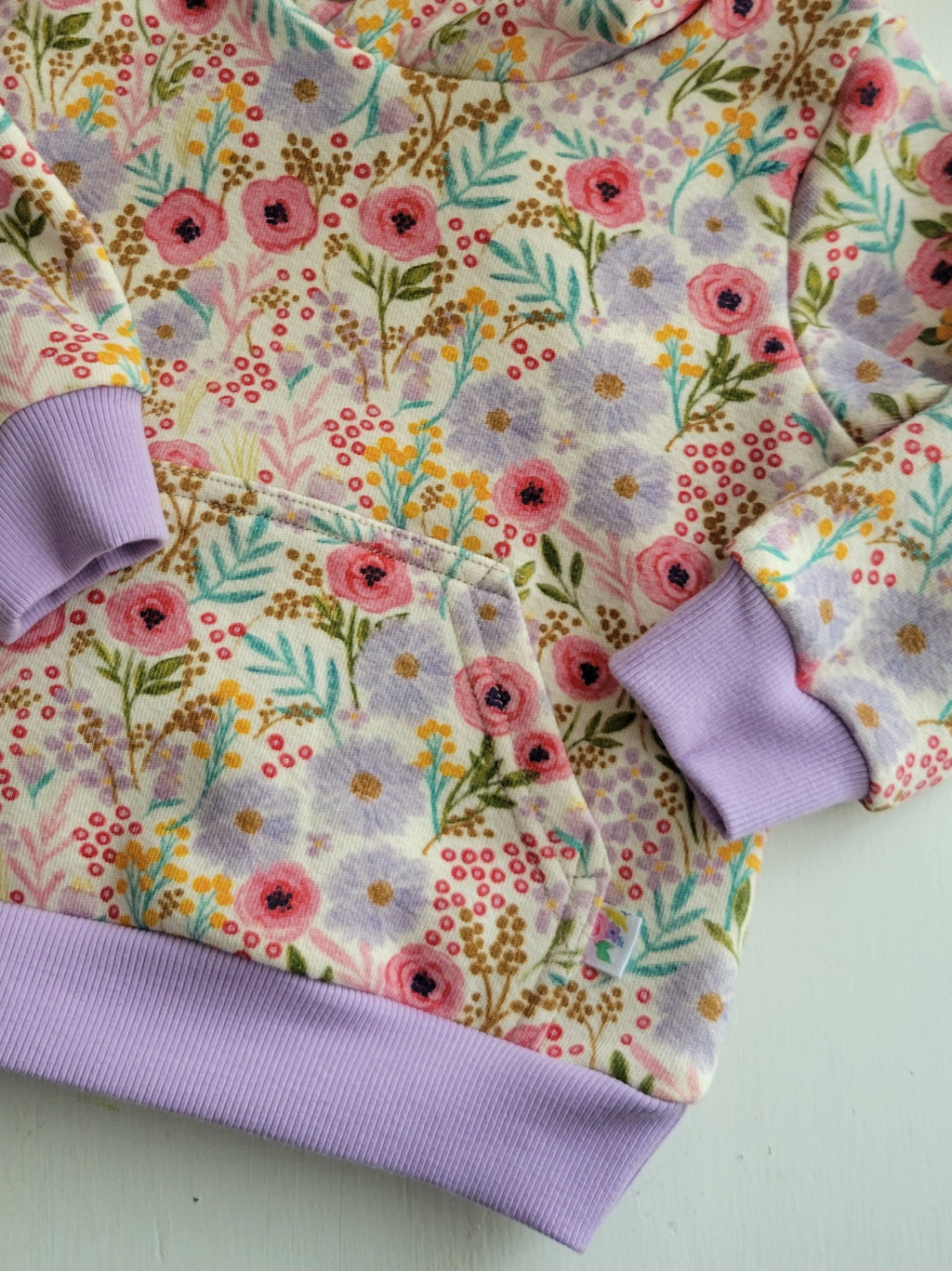 Kids Bright Purple Floral Cotton Fleece Hoodie