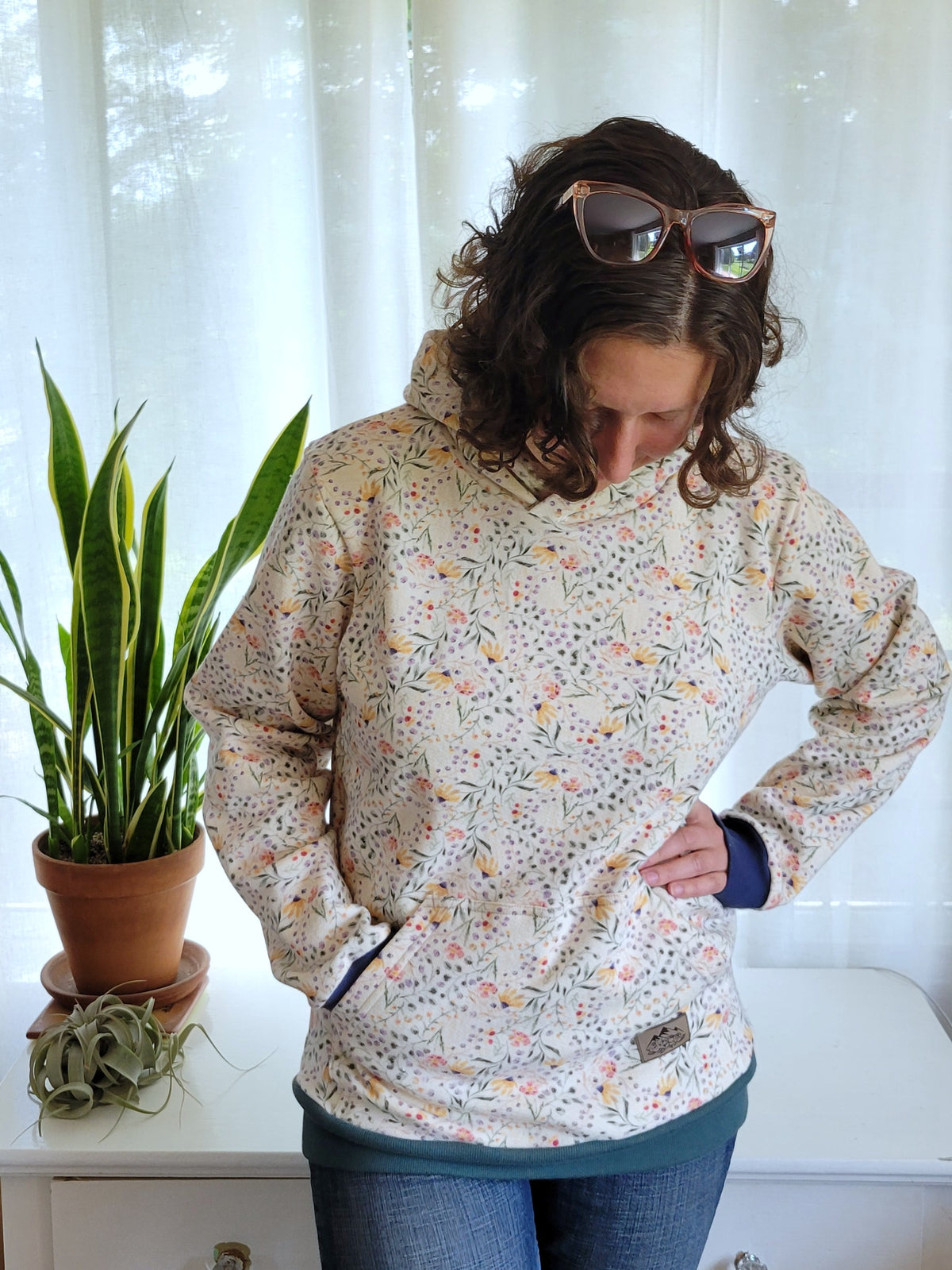 Adult Blue/Green Floral Cotton Fleece Hoodie