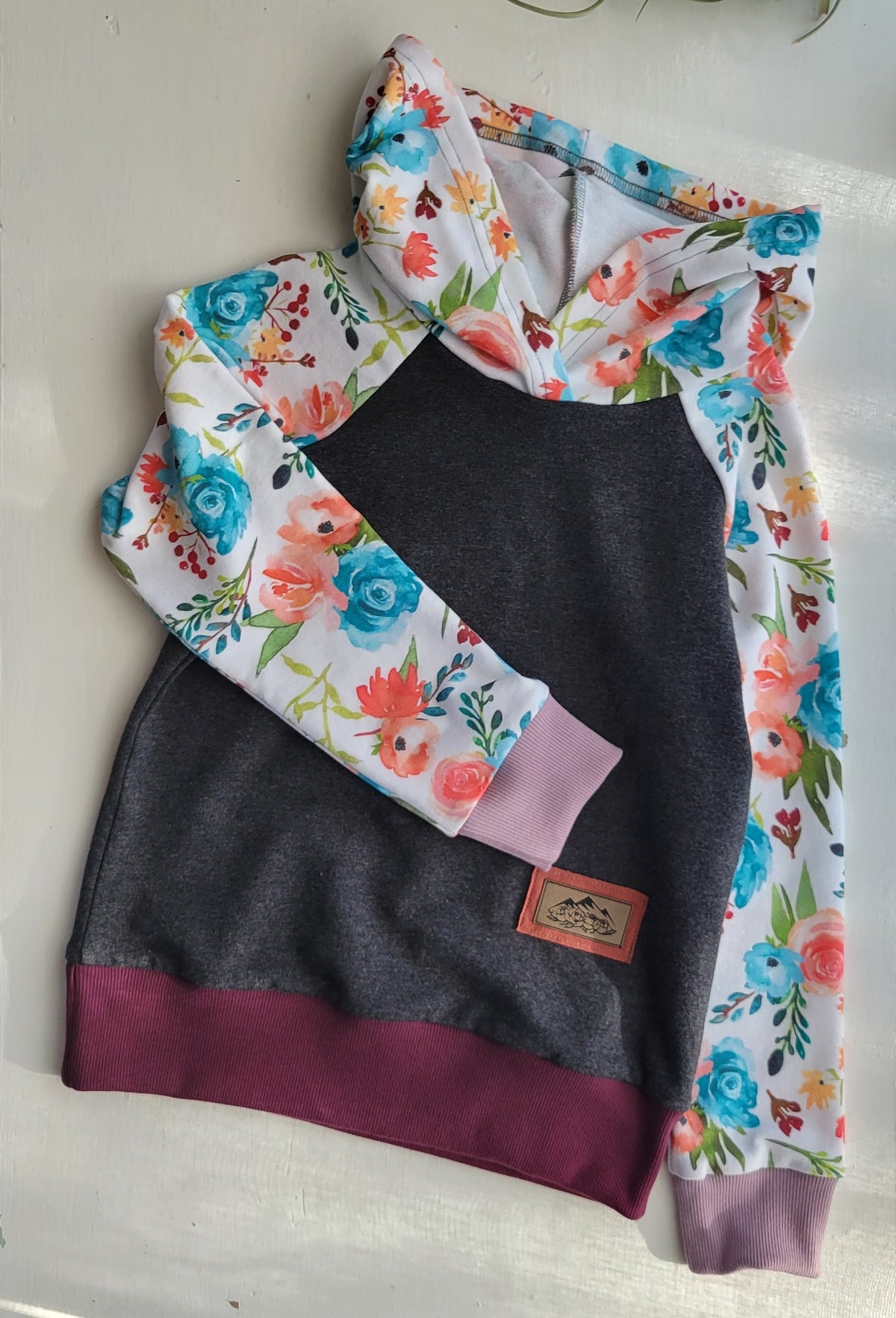 Kids Hoodie - Bright Floral, Dark Grey