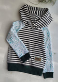 Kids Hoodie- Dark Grey Stripe, Teal Mini Floral