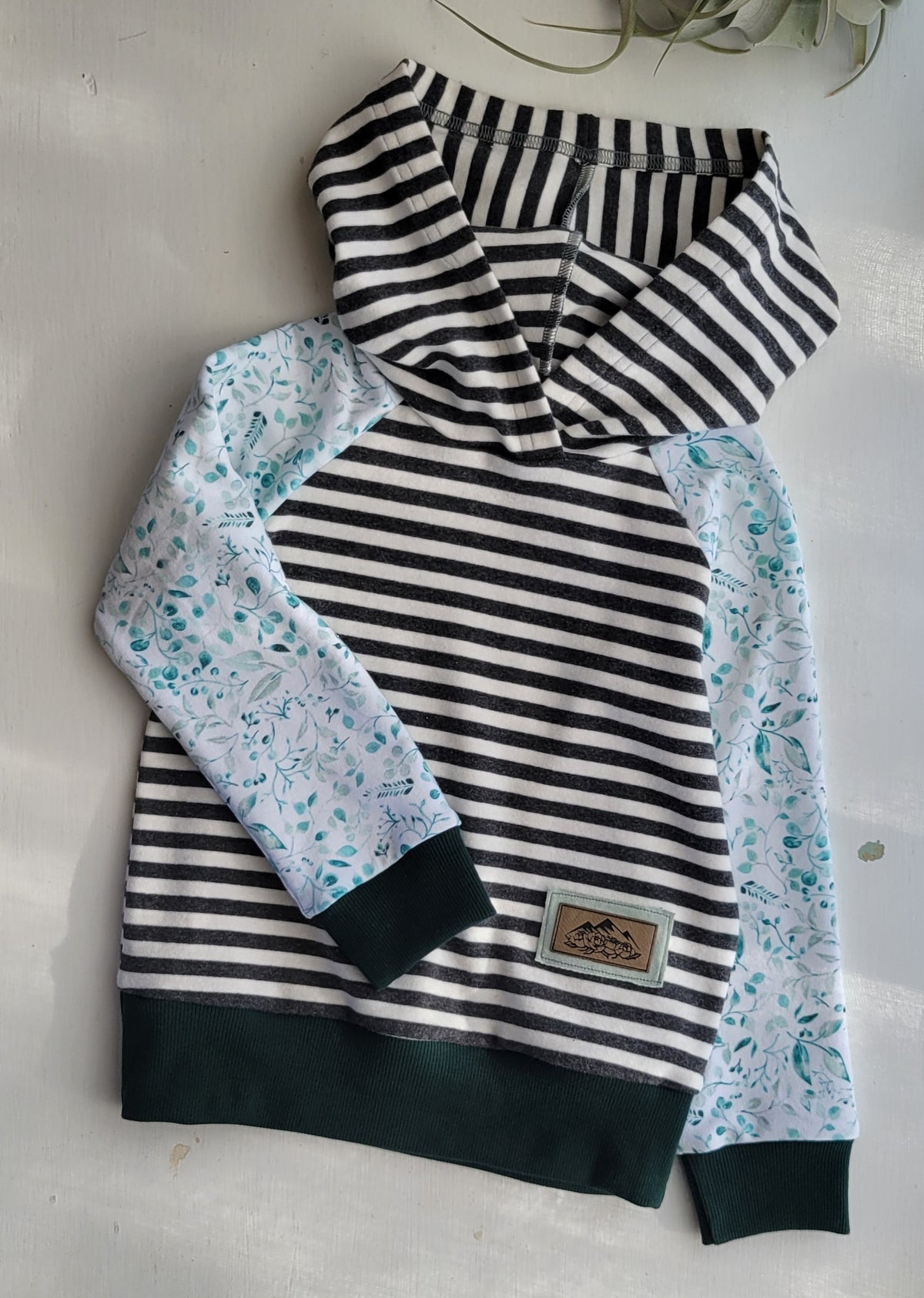 Kids Hoodie- Dark Grey Stripe, Teal Mini Floral